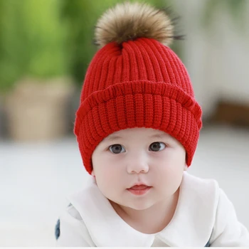 

New baby caps autumn winter knitted wool fur ball warm children hat&caps