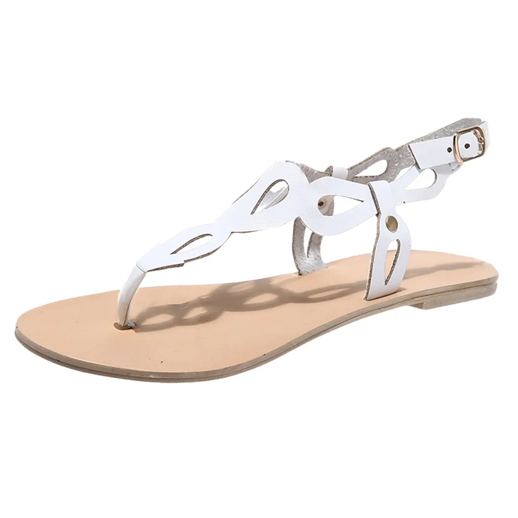 SAGACE/женские летние сандалии на плоской подошве; модная повседневная обувь; сандалии в римском стиле «Гладиатор»; Простые Женские однотонные сандалии с круглым носком и открытым носком - Цвет: Белый