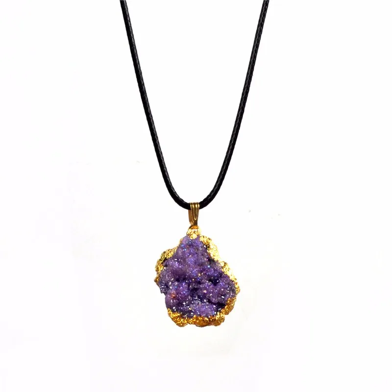 

Vintage Purple Druzy Quartz Necklace Natural Stone Irregular Geode Gold-edge Raw Agat Pendant