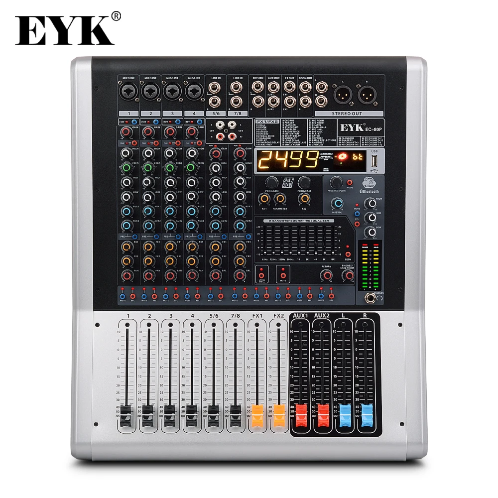 US $343.19 EYK EC80P 8 Channels 4 Mono2 Stereo Powerd Audio Mixer 600W X 2 With 9 Band EQ 99DSP Dual Effects Bluetooth USB 2 AUX For Stage