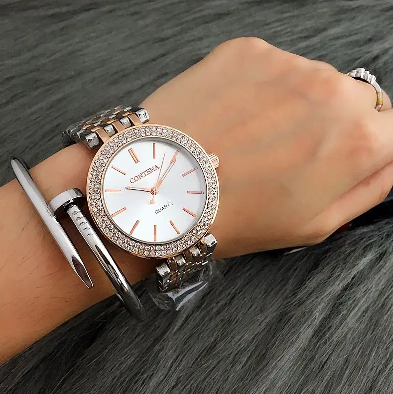 CONTENA женские часы женские часы со стразами роскошные Relogio Feminino браслет из розового золота для женщин часы женские Reloj Mujer - Цвет: Silver Rose Gold