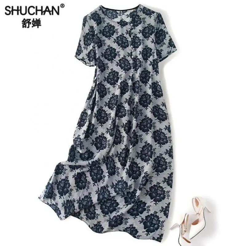 

Shuchan 100% Natural Silk Dress Chinese Style Print Vestidos Largos De Verano High Quality Dresses Women Clothes Dresses Fashion