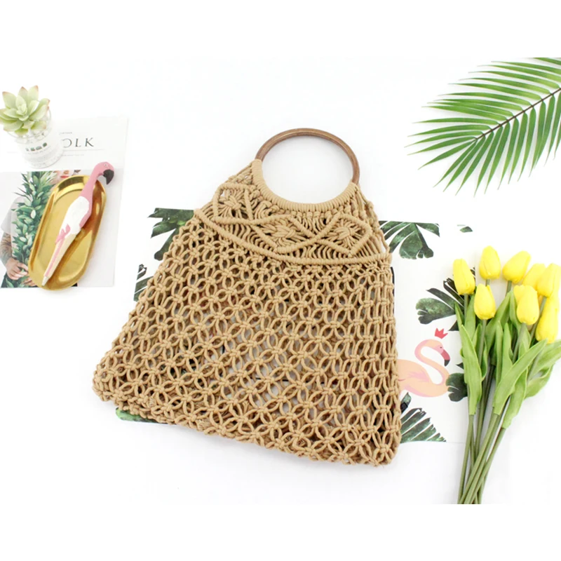 New type of cotton rope hollow net pocket handbag straw knitting bag small fresh knitting lady bag beach bag without lining