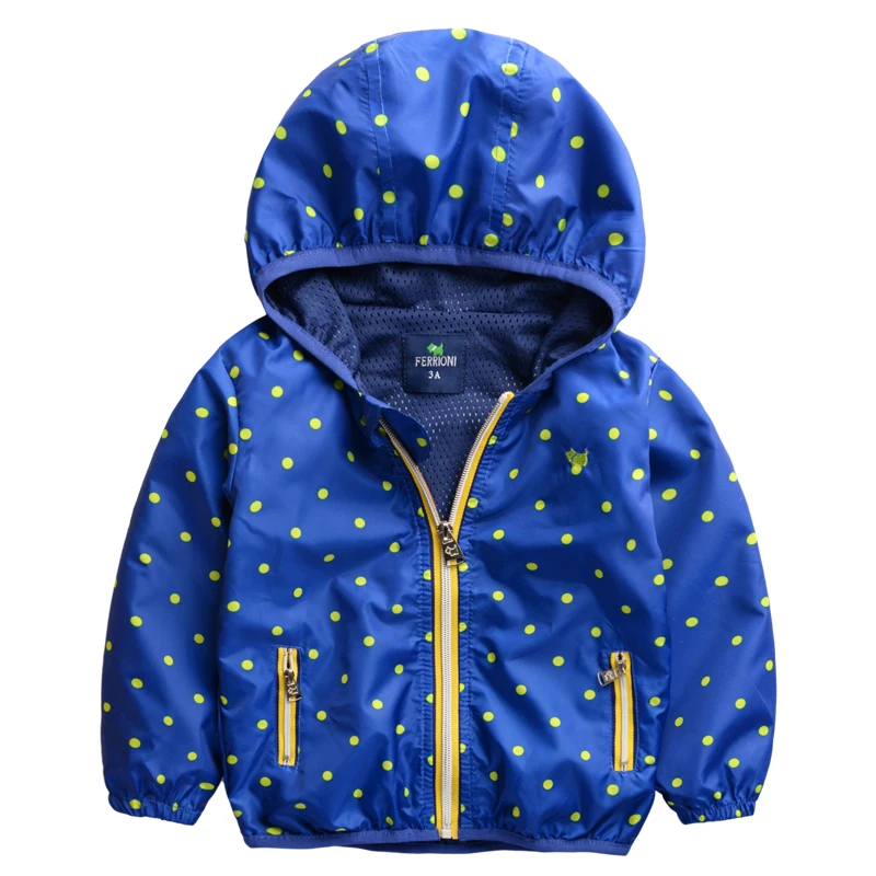 Детская Верхняя одежда куртка для маленьких мальчиков весеннее пальто в горошек для мальчиков с капюшоном водонепроницаемая куртка