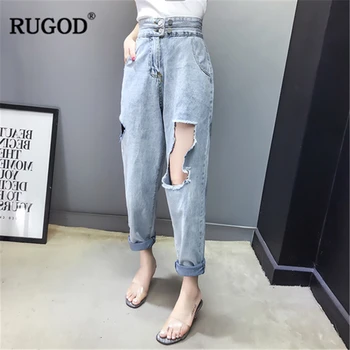 

RUGOD Vintage High Waist Ripped Washed Denim Jean Women Holes Destroyed Pants 2019 Spring Summer Casual Loose Straight Trousers