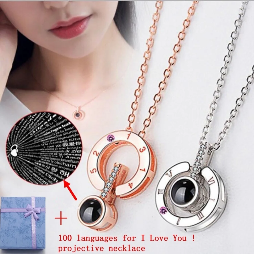 

100 languages I love you Projection Pendant Necklace Romantic Love Memory Wedding Necklace Choker Gift for Lover Jewelry 2018