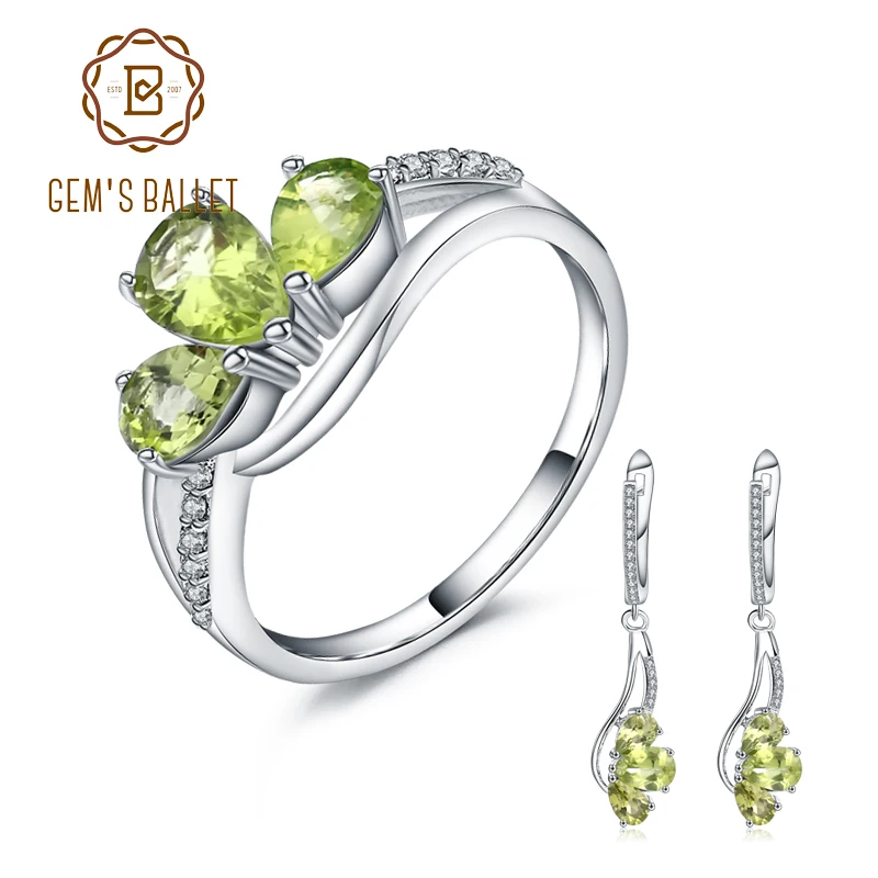 

GEM'S BALLET Natural Green Peridot Dangle Earrings Ring Jewelry Sets Genuine 925 Sterling Silver Vintage Fine Jewelry For Women