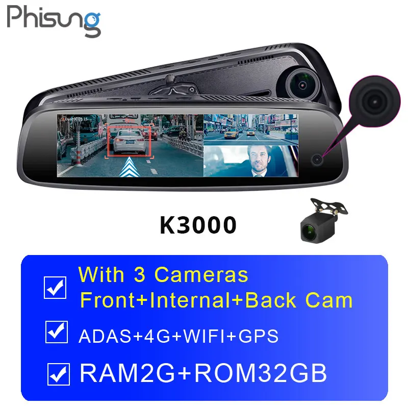 K3000 with 3 Cams Phisung 3 CHS cameas ram 2GB+ ROM32GB Автомобильная камера в зеркале dvrs Android ADAS gps навигация DashCam 1080P hd Автомобильный видеорегистратор dash камера - Название цвета: K3000 with 3 Cams