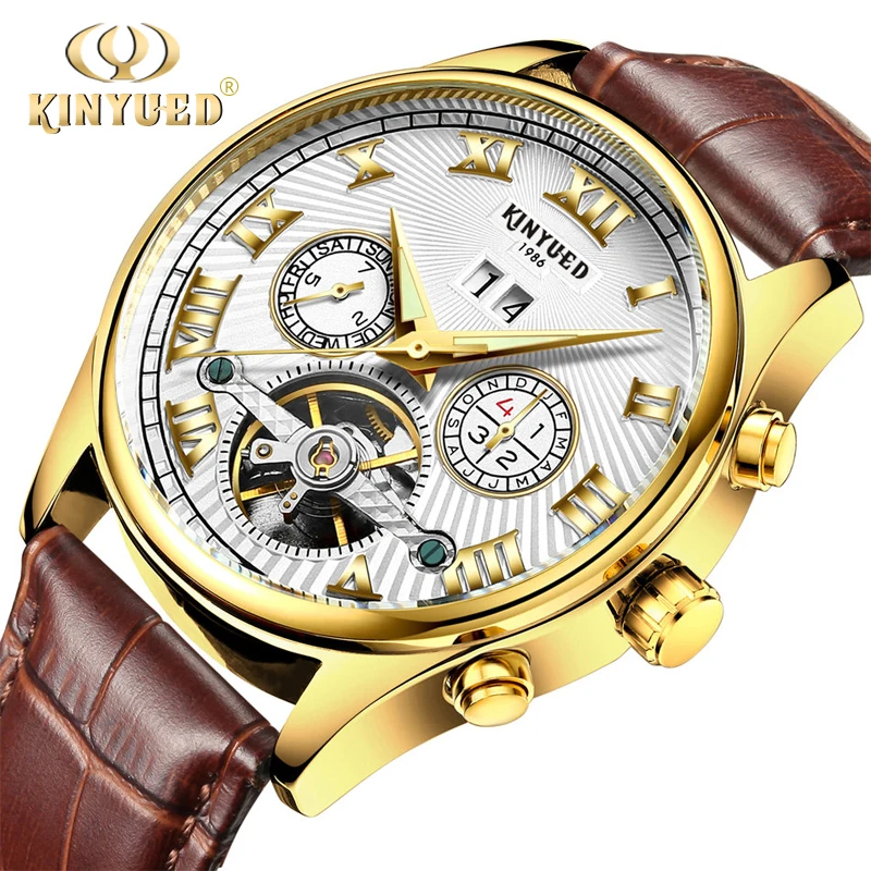 

KINYUED Skeleton Automatic Flying Tourbillon Leather Mechanical Watch Self Winding Horloges with Watch Box