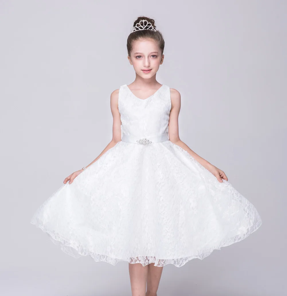 Estilo de Flor Vestidos com Strass Casamento da Dama Novo Meninas Vestidos Crianças Rendas Faixa Festa Honra Roupas 25 rendas vestidos com strass faixa crianças festa