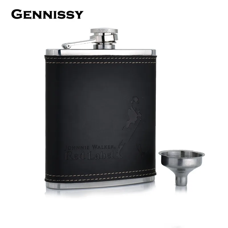 GENNISSY 7oz Black Leather Covered Hip Flask With Funnel Luxury Brand Drink Flasks Best for