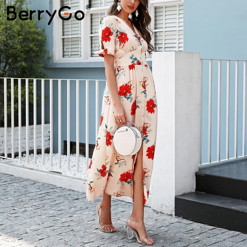 BerryGo длинное летнее платье с цветочным принтом сексуальное v образный вырез