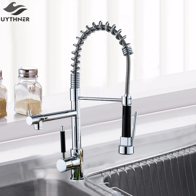 Best Offers Uythner Chrome Finish Kitchen Faucet Dual Spout Kitchen Sink Crane Deck Mount Spring Kitchen Mixer Tap Kitchen Hot Cold Water