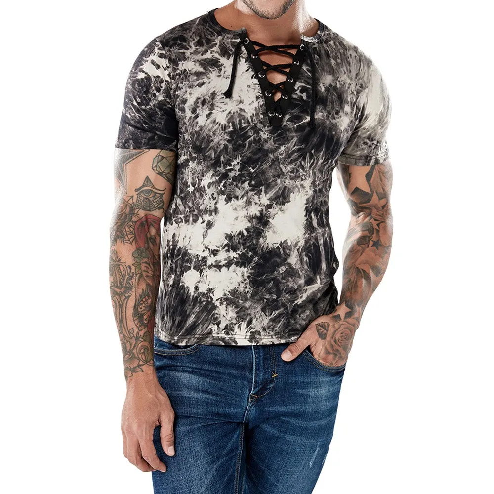 

Womail 2019 New Arrival Summer Man T-shirt V Collar Strap Tie Dye Fashion Personality Men's Casual Slim Short Sleeve T Shirt Top