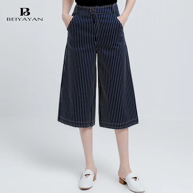 BEIYAYAN Pantalon Femme 2017 Женщин Летние Брюки С Карманами Повседневная Полосатый Капри |