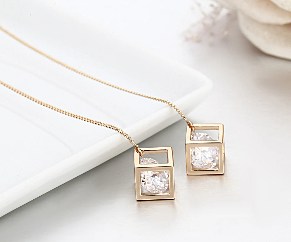 Полого Куба w/AAA CZ Циркон Link Rose Gold Цвет длинной цепочкой падение серьги нити через