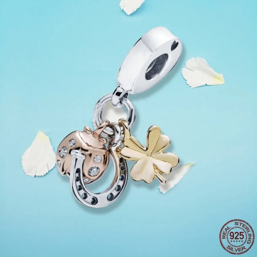 

925 Sterling Silver Beads Horseshoe Clover & Ladybird Dangle Charm Fit Original Pandora Bracelet for Women Gift Jewelry Making