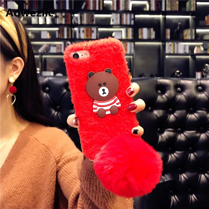 

Aoweziic Korea plush cartoon bear for iphone X XS MAX XR 8 7plus mobile phone case 6s lanyard case 6plus soft shell female
