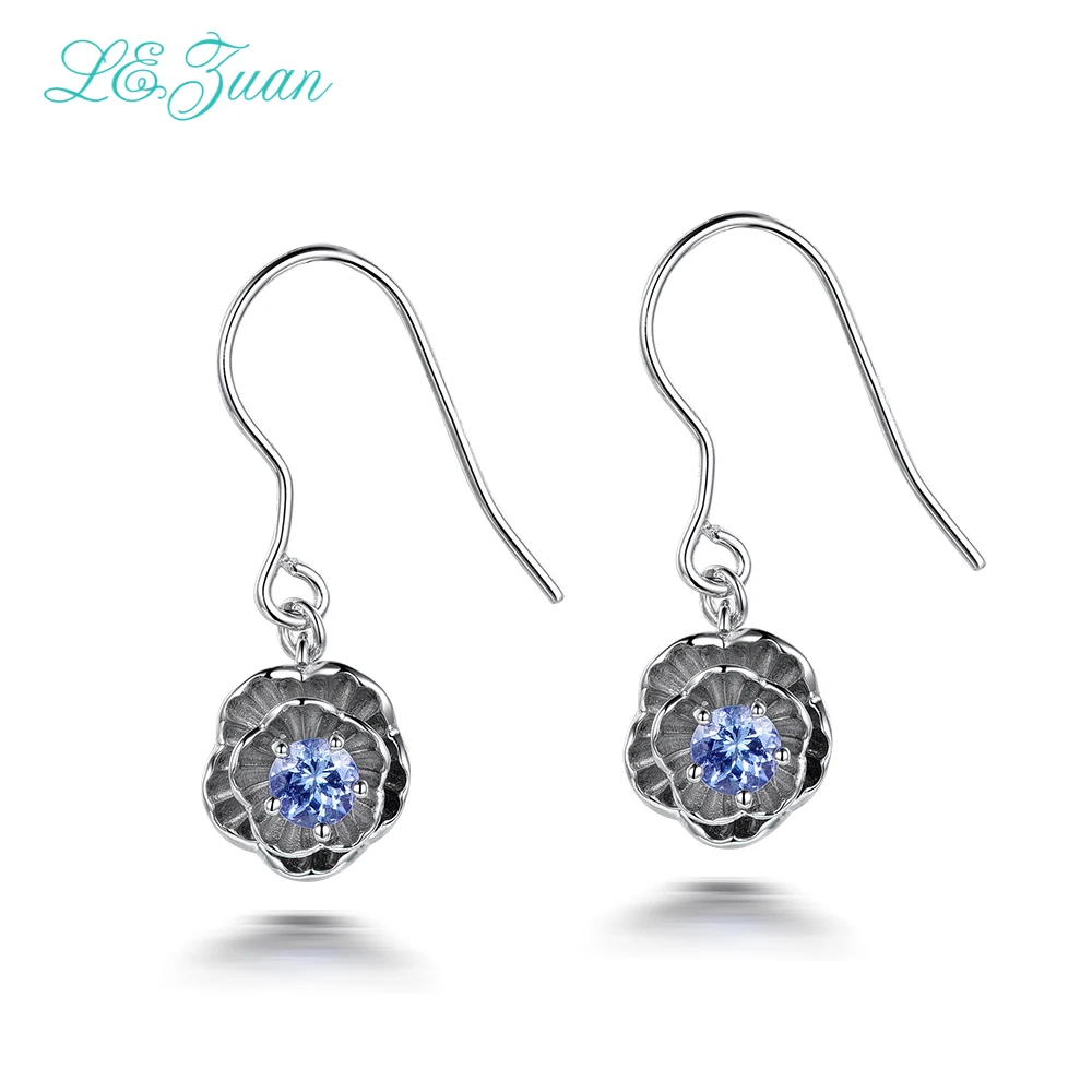 

I&zuan 925 Sterling Silver Earrings 0.2ct Natural Tanzanite Romantic Lotus Flower Drop Earrings Fine Jewelry For Women