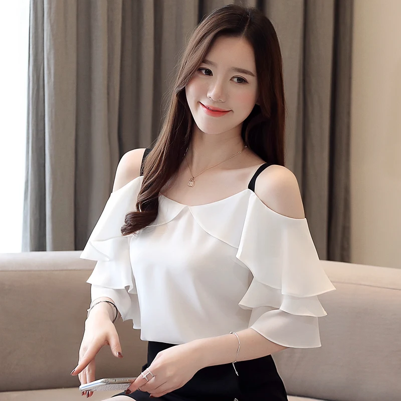 

Korean Fashion Chiffon Women Blouses Ruffles Slash Neck Butterfly Sleeve White Women Shirts Plus Size Blusas Femininas Elegante