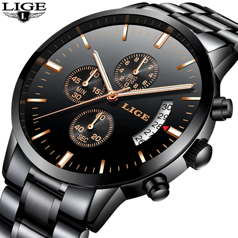 

LIGE Mens Watches Top Brand Luxury Men's Military Sports Watch Men's Stainless Steel Waterproof Quartz Watch relogio masculino