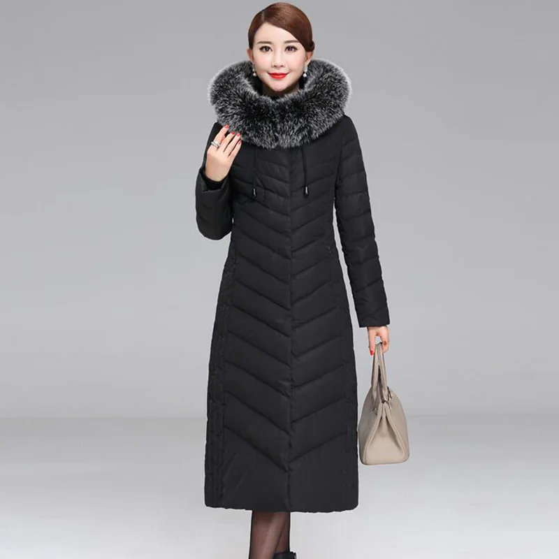 

2018 Middle-aged Women's Winter White Duck Down Jacket Hooded Long Coat Slim Thicken Warm Fox Fur Collar Down Jackets Plus Size