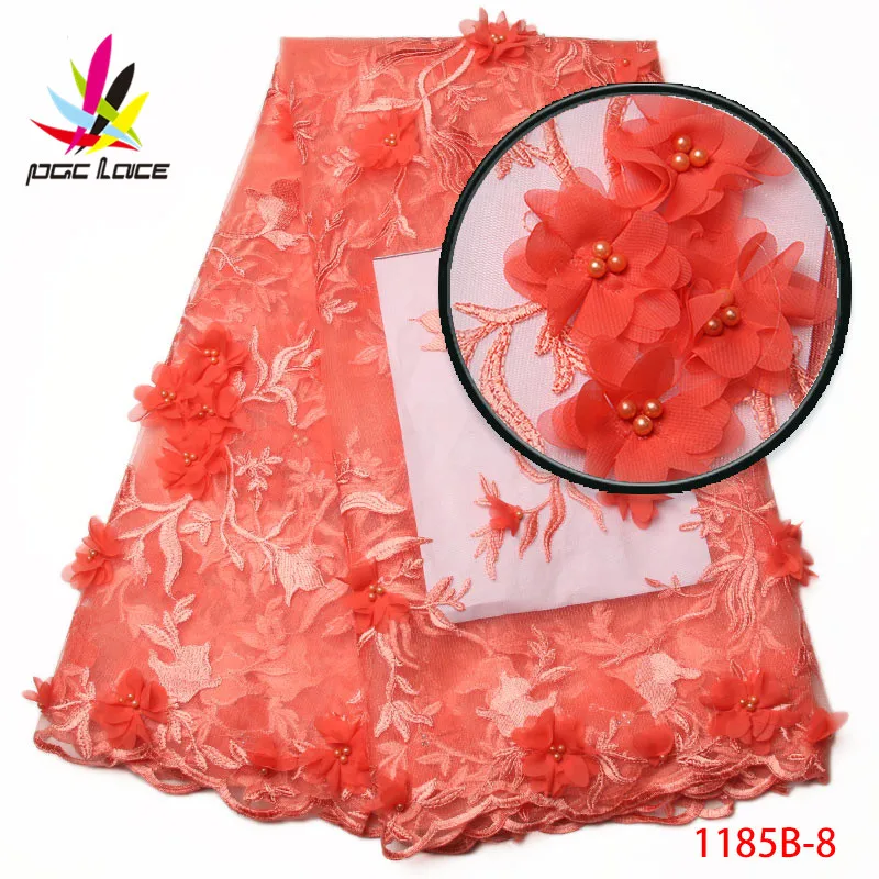 

African 3D lace flower bridal fabric 2017 high quality lace appliqued tulle Nigerian lace fabrics for wedding AMY1185B-3