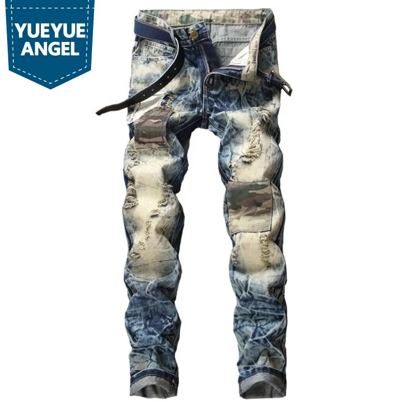 Для мужчин брюки для байкеров лоскутное рваные прямые джинсы Street Повседневное молния хип-хоп синие джинсы мужские длинные брюки Большой