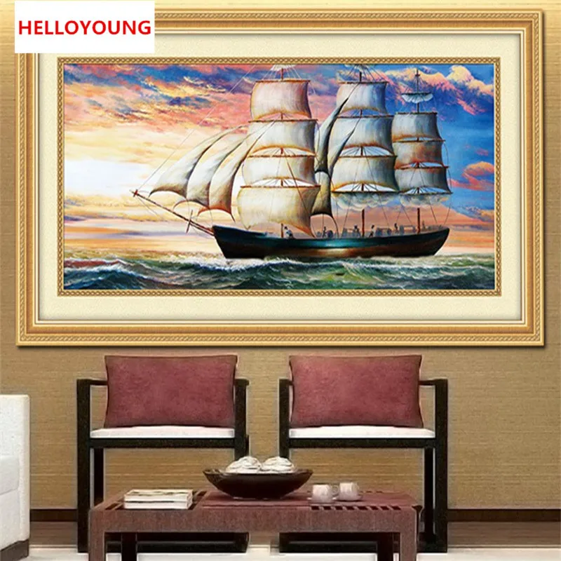 YGS-061 DIY Diamond Mosaic 5D Round Rhinestones Sailing on the sea Painting Cross Stitch Embroidery Kits | Дом и сад