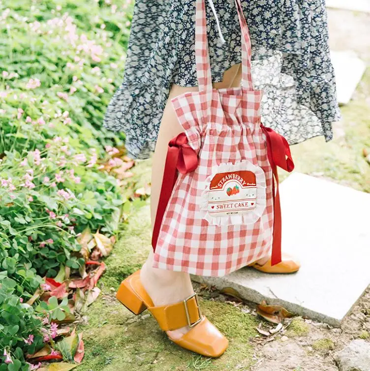 

Lolita Red Vintage Plaid strawberry with butterfly knot at lotus leaf side cloth cotton Bag AL1040
