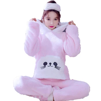 

Autumn and Winter Women Pajamas Set Two Piece Cute Cat Pyjama Femme Flannel Hooded Long Sleeve Sleepwear Suit Home Clothes