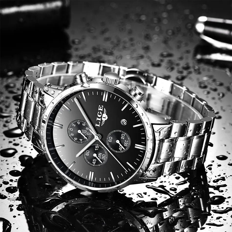 LIGE, мужские часы, Лидирующий бренд, Роскошные Кварцевые часы, мужские, все стали, водонепроницаемые, с датой, спортивные, с хронографом, кварцевые часы, Relogio Masculino