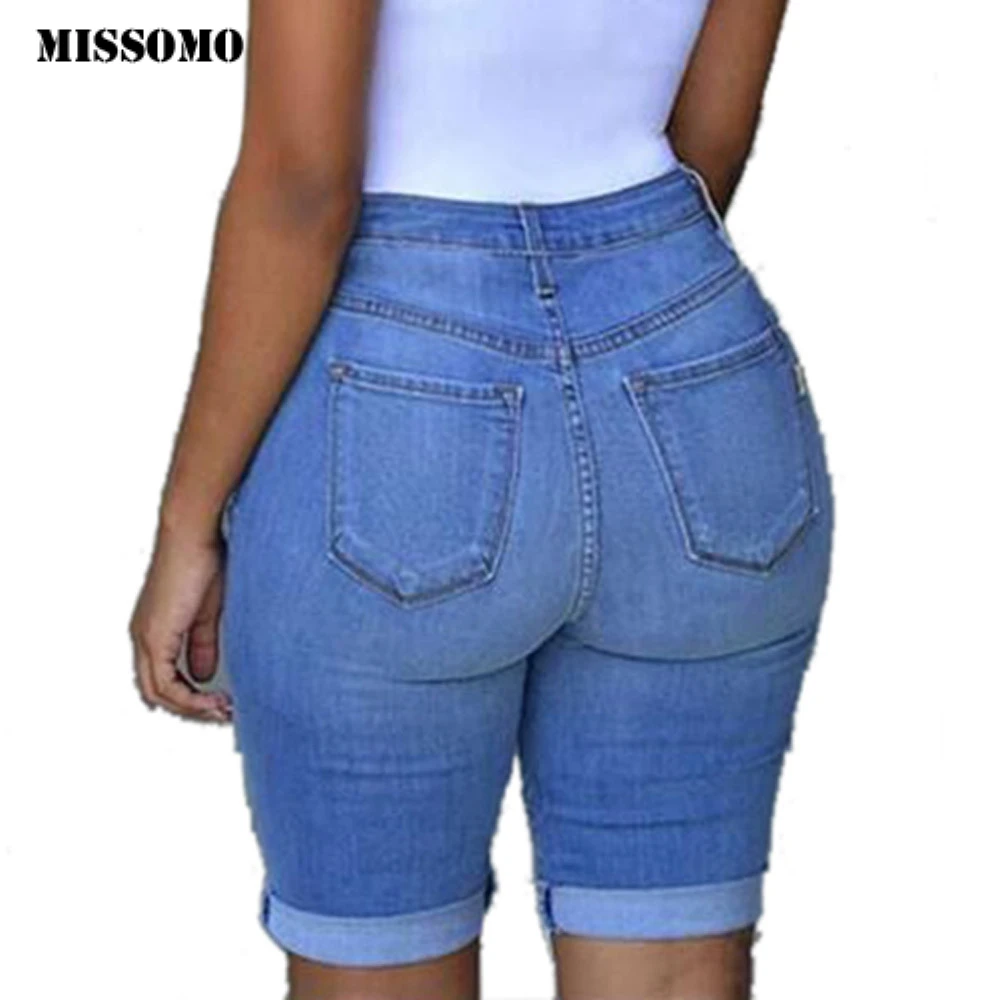 MISSOMO denim jeans womens Elastic Destroyed Hole Leggings Short Pantsdenim jeans shorts black skinny jeans strech jeans women