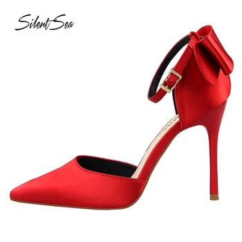 

Silentsea Women Pumps Thin Heels High Heel Shoes For Female High Quality Flock Sandals Slip-on Office Lady Shoes Wedding Shoes