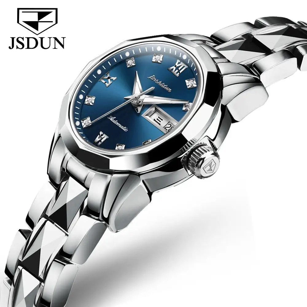 JSDUN, белый бриллиант, маленький циферблат, элегантные женские часы, автоматические механические часы, женские сапфировые водонепроницаемые женские часы, подарки - Цвет: Silver Blue