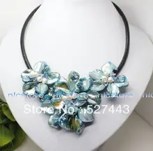 Venta al por mayor envío gratis >> 18 pulgadas azul madre de pearl shell blanco perla colgante collar de flores