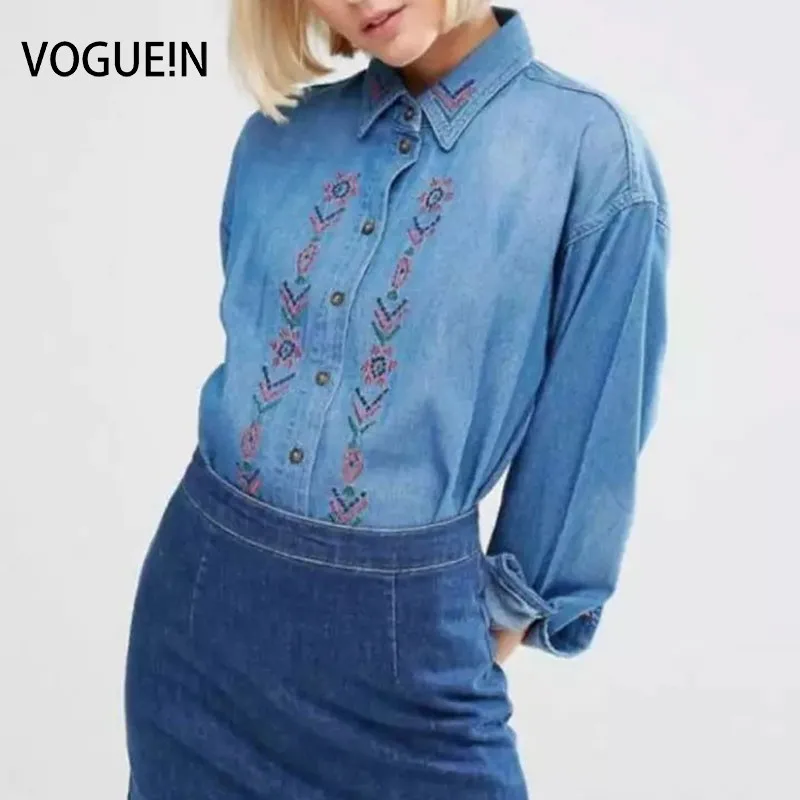 

VOGUE!N Womens Floral Embroidered Blue Denim Jeans Blouse Lapel Tops Button Down Shirt Wholesale Size SML
