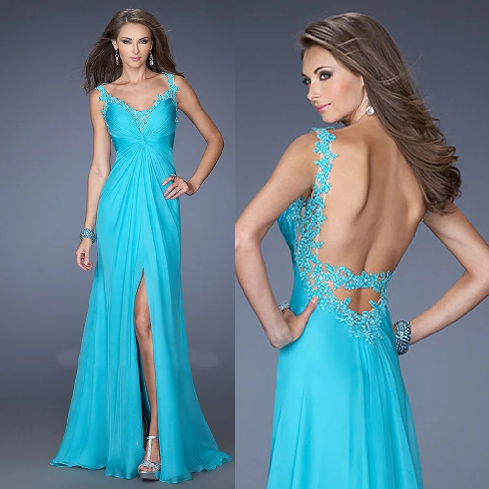 

2015 New Arrival Sexy Blue Women Summer Backless Lace Long Evening Dress Chiffon Cheap Formal Prom Dresses Straps E6391