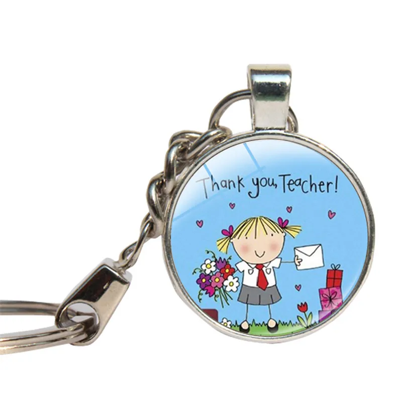 

Happy Teacher's Day Keychain Glass Cabochon Gifts For Teachers merci maitresse Key Ring Glass Dome Key Chains Key Holder