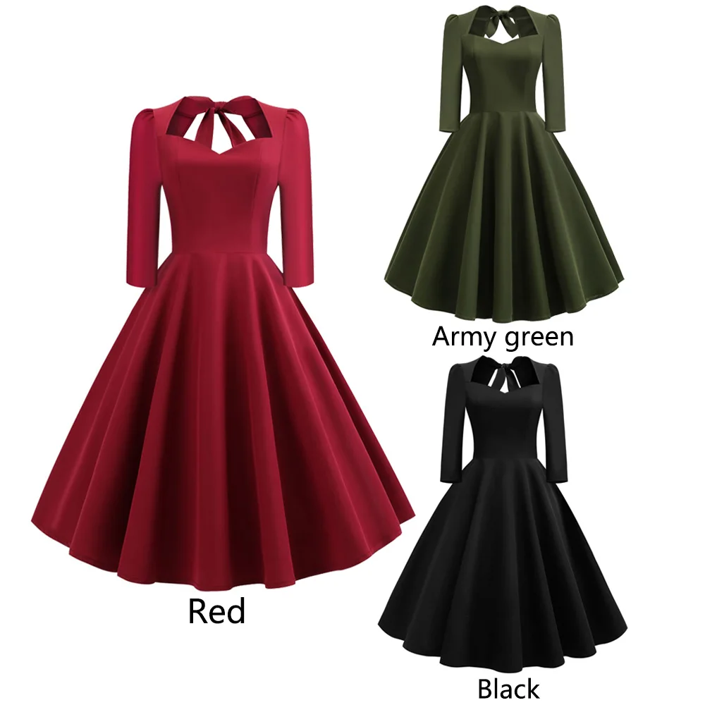 Joineles, 3 однотонных цвета, женское винтажное платье, v-образный вырез, половина рукава, галстуки, Холтер, сексуальное ретро платье, 60 s, рокабилли, Свинг, вечерние платья