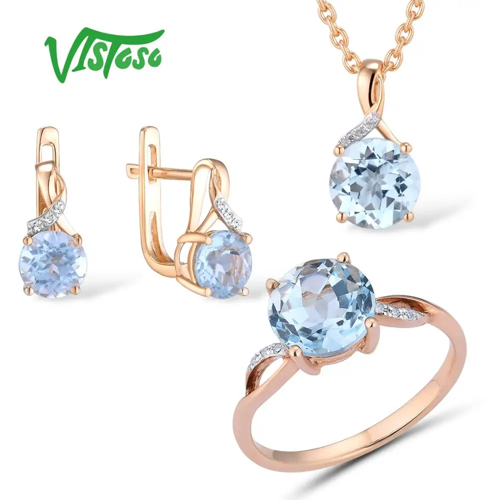 

VISTOSO Jewelry Set For Woman Pure 14K 585 Rose Gold Sparkling Sky Blue Topaz Diamond Earrings Ring Pendant Set Fine Jewelry