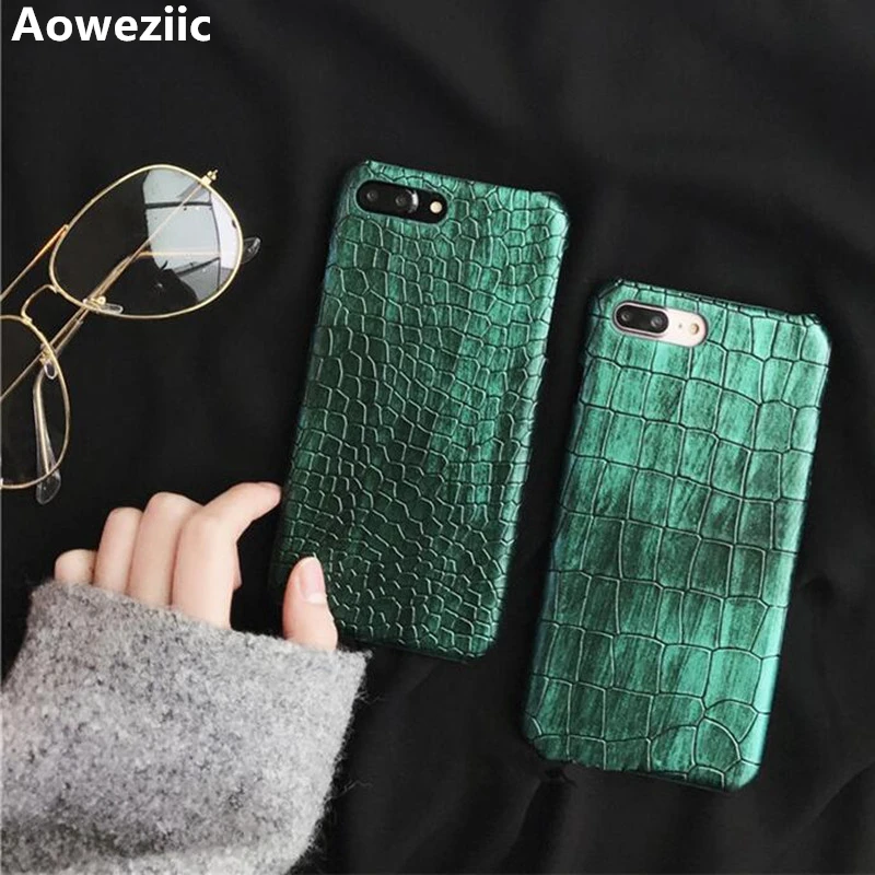 

Aoweziic Green Sequins Crocodile Skin Case For iPhone X XS MAX XR 7 8 Plus Case PU Leather Hard Cover Phone Cases 6S Plus