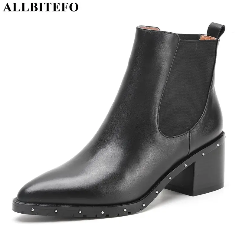 

ALLBITEFO fashion rivets full genuine leather high heels women boots high quality ankle boots for women martin boots girls shoes