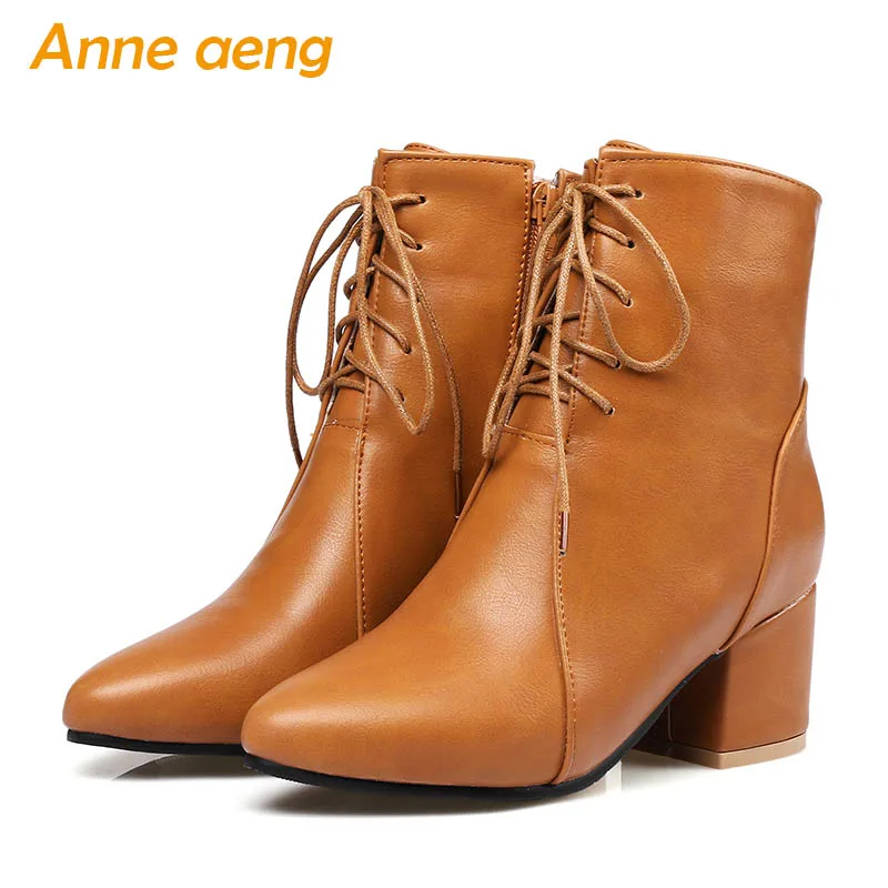 

New Winter Ankle Boots High Square Heels Pointed Toe Lace-Up Fashion Sexy Ladies Women Shoes Yellow Martin Boots Big Size 33-45