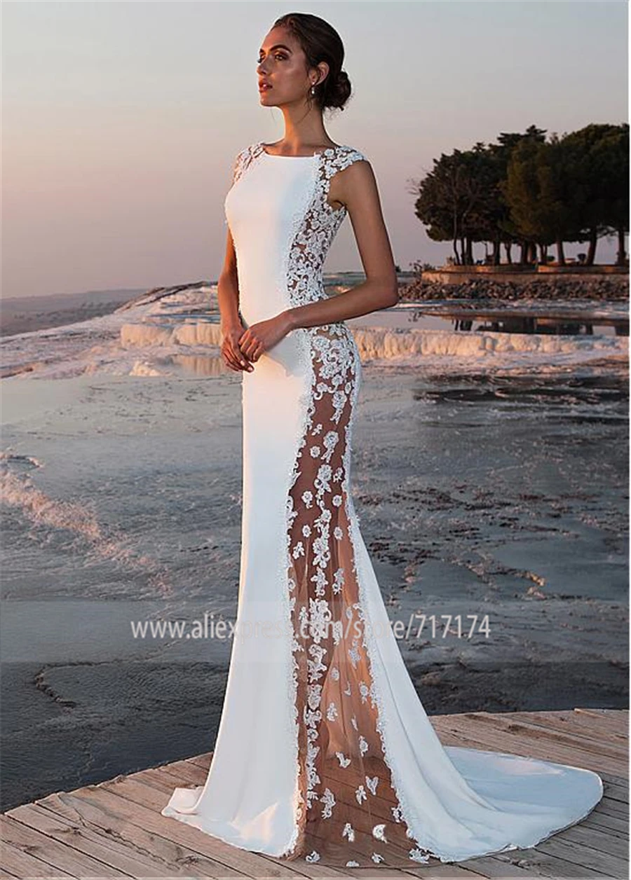 Fabulous Stretch Satin Bateau Neckline See-through Cutout Side Mermaid Wedding Dress With Beaded Lace Appliques Bridal Dress