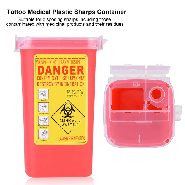 Portable 1L Medical Hard Plastic Tattoo Waste Box Flip-top Lid Medical Sharps Container Biohazard Needles Disposal Yellow/Red