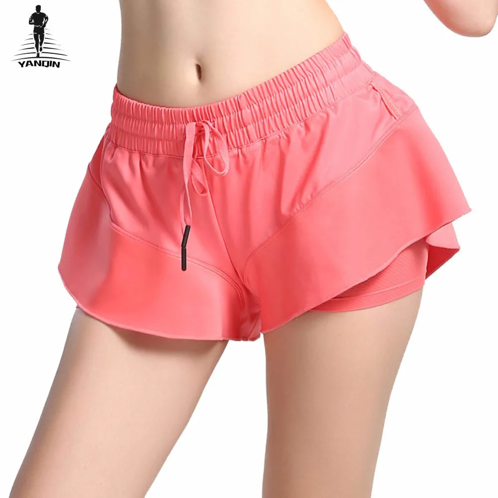 YANQIN Yoga Shorts Women Sport Fitness Crop Elastic High Waist Quick Dry Gym Ruffled Solid Sexy Cool Breathable | Спорт и