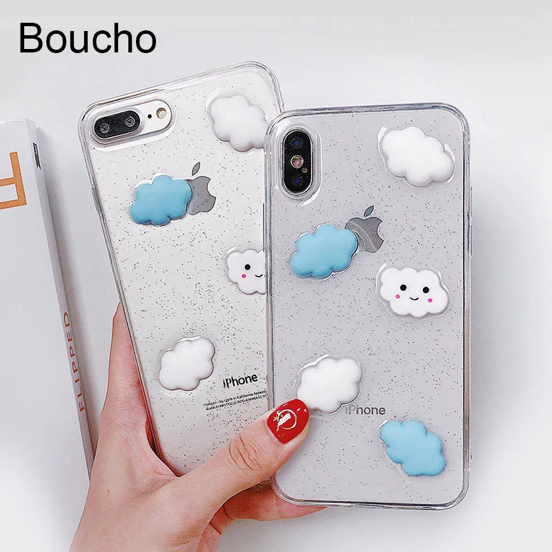 

Boucho 3D White Clouds Fluttering Transparent Case For iphone 6 6s 7 8 plus Case Soft Silicone Phone Cases For iphone X Capa