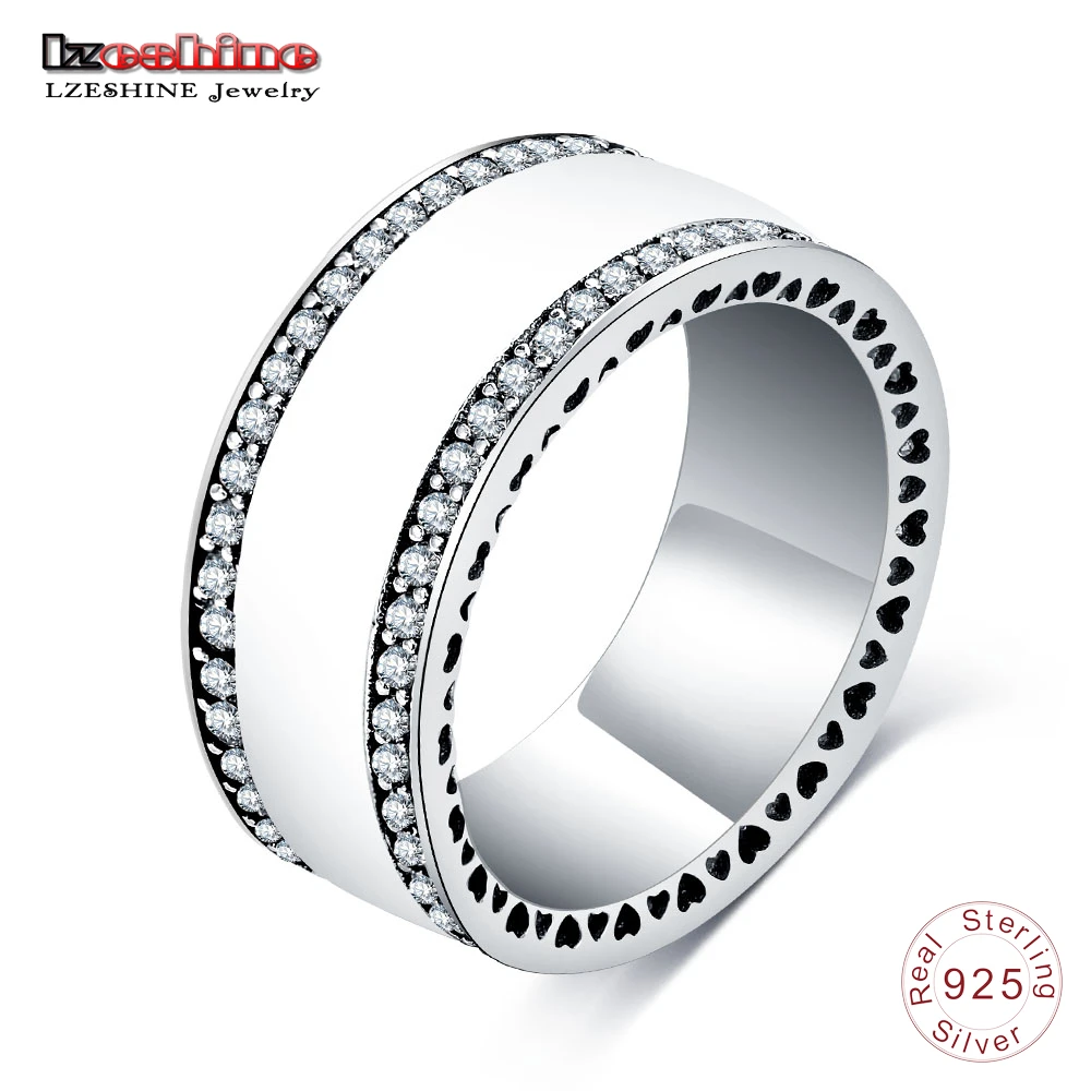 

LZESHINE New Pearlescent Hearts Ring For Women 925 Sterling Silver Zircon White Enamel Wide Finger Rings Original Jewelry 0124-B