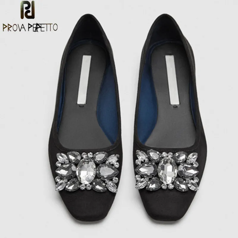 

Prova Perfetto New Dress Shoes Woman Rhinestone Ballet Shoes Square Toe Flat Women Shoes High Quality Low Heels Wedding Shoes